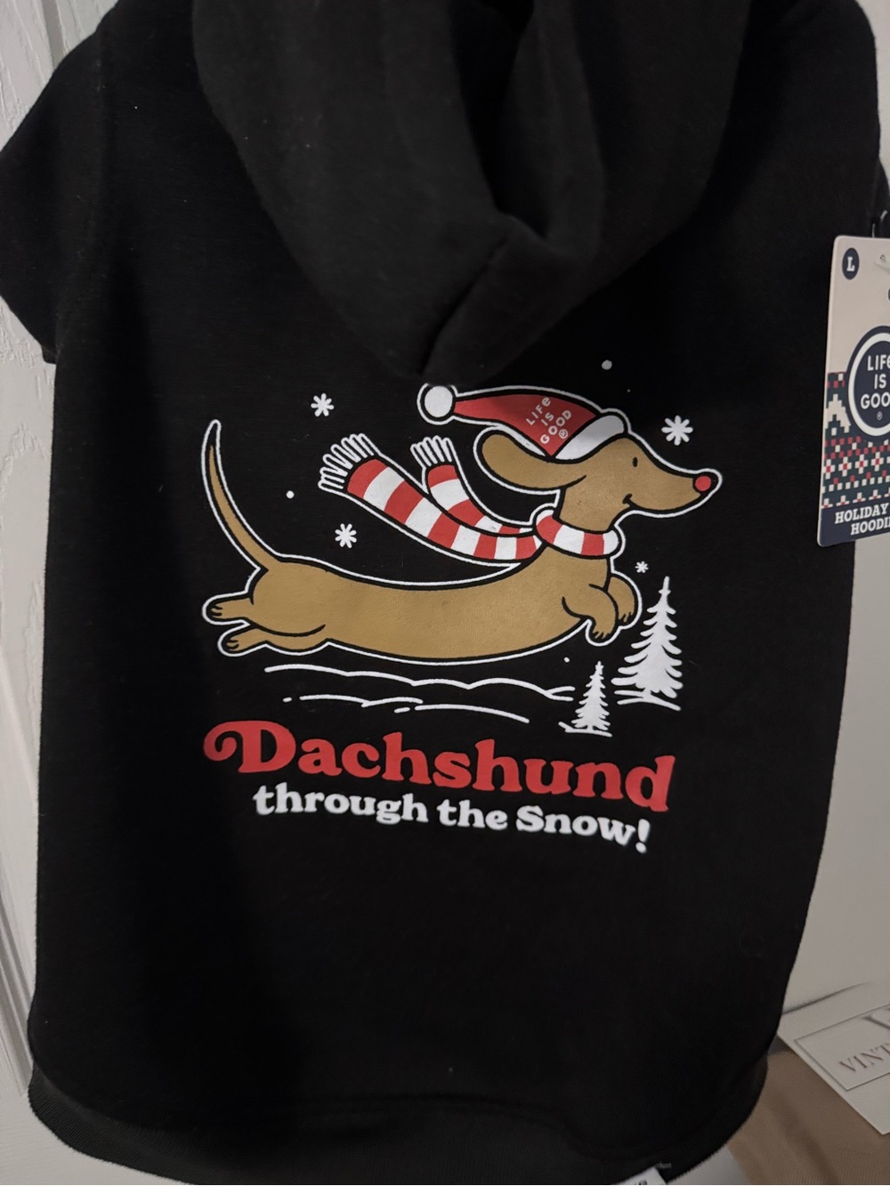 Life Is Good Black Dachshund Holiday Pet Hoodie with Red and Tan Graphic